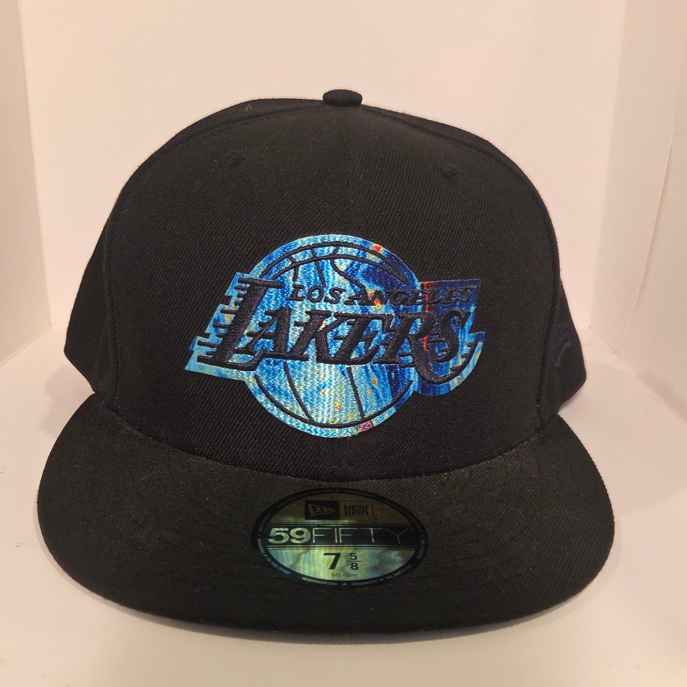 New Era LA Lakers 59FIFTY Black Tie Dye Holographic Fitted Hat 7 5/8 NBA Cap